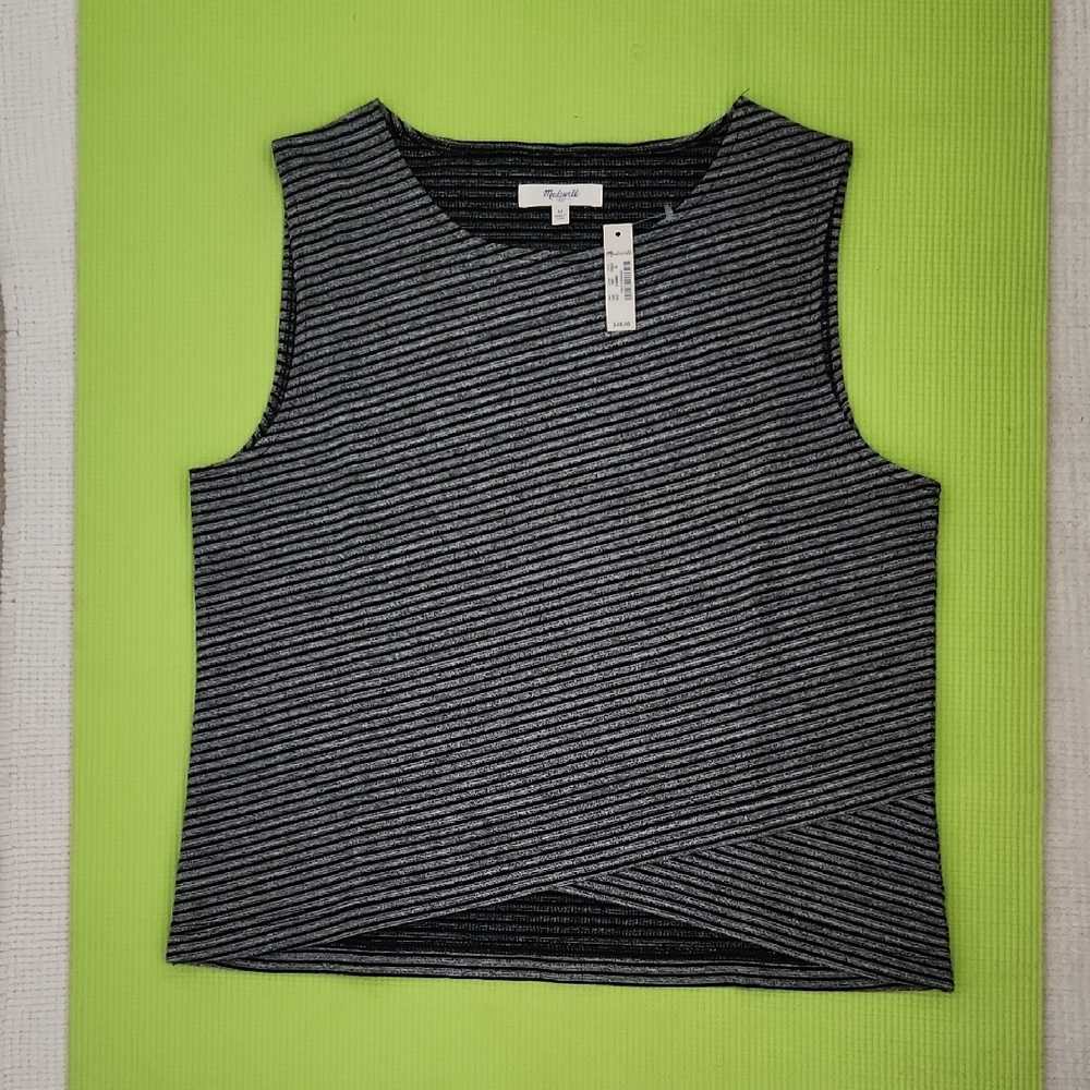 NWT Madewell Black and Gray Striped Sleeveless Crossover Tank Top Size Medium